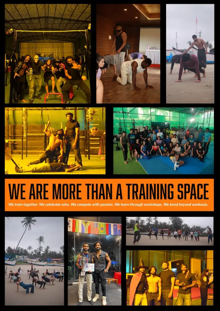 Calisthenics Lab India community collage: group workouts, skills sessions and beach training