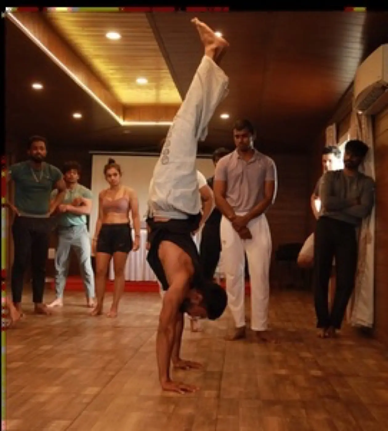 Handstand demonstration during a skills workshop